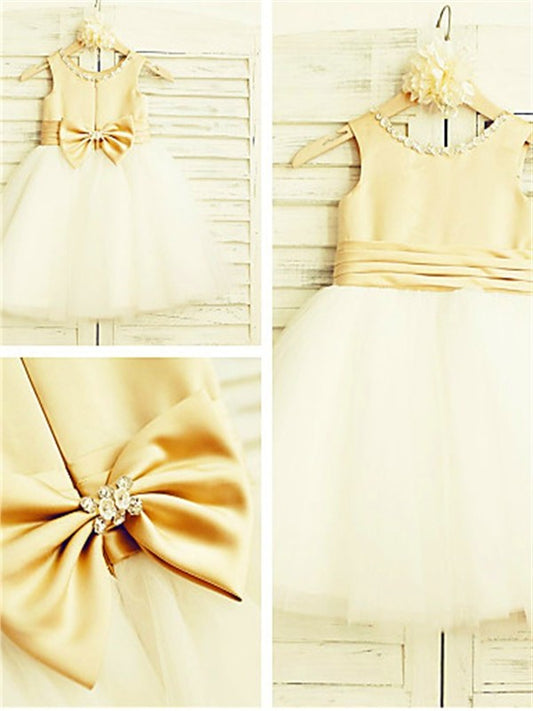 Scoop Tulle A-line/Princess Sleeveless Bowknot Tea-Length Flower Girl Dresses