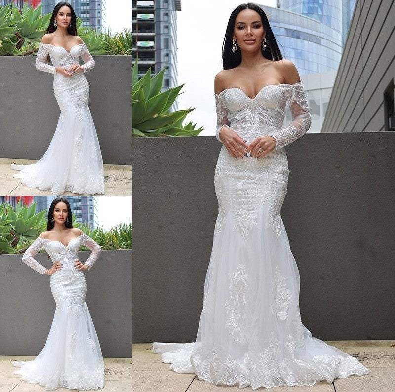 Trumpet/Mermaid Sleeves Long Sweep/Brush Tulle Applique Off-the-Shoulder Train Wedding Dresses