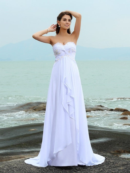 A-Line/Princess Long Chiffon Sweetheart Beading Sleeveless Beach Wedding Dresses