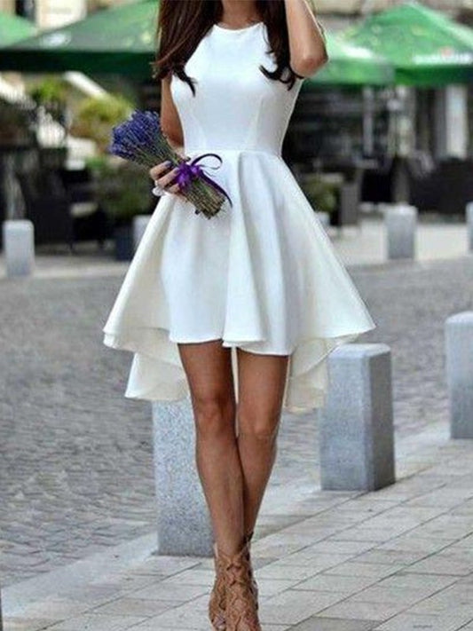 With Satin Ruffles Jewel Short A-Line Cut White Homecoming Dresses