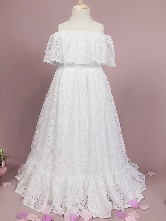 Off-the-Shoulder Ruffles Lace Floor-Length A-Line/Princess Sleeveless Flower Girl Dresses