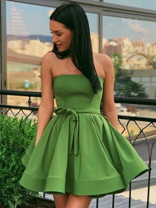 Satin A-Line/Princess Strapless Sleeveless Ruffles Short/Mini Homecoming Dresses