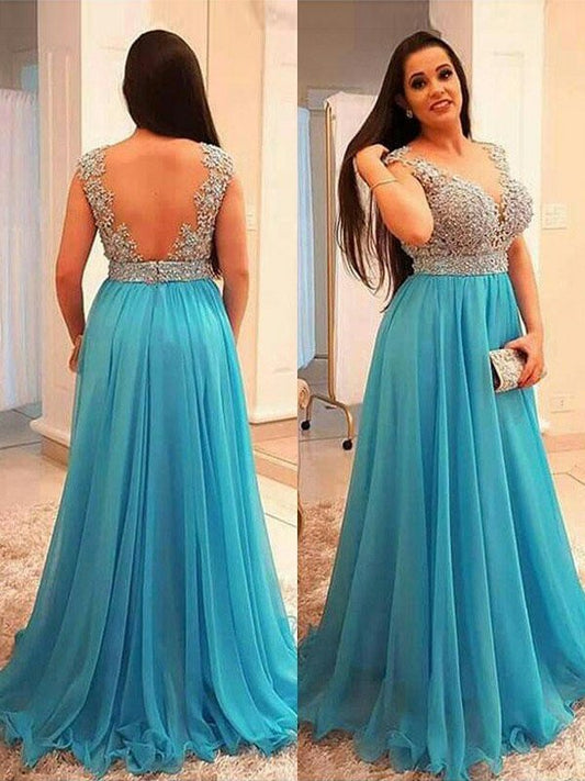 V-neck Sleeveless Beading A-Line/Princess Floor-Length Chiffon Plus Size Dresses