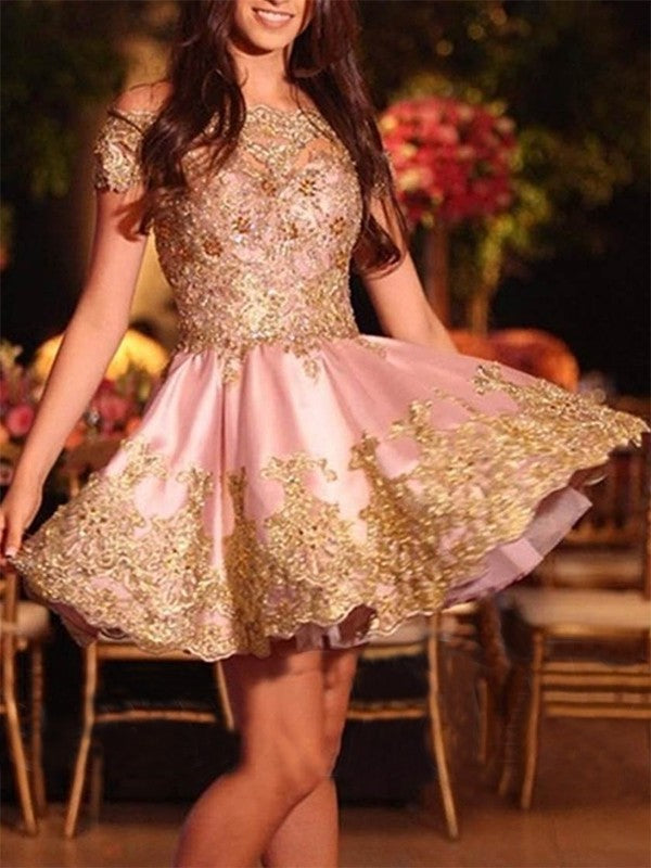 Off-the-Shoulder Short Cut With Applique A-Line Satin Homecoming Dresses