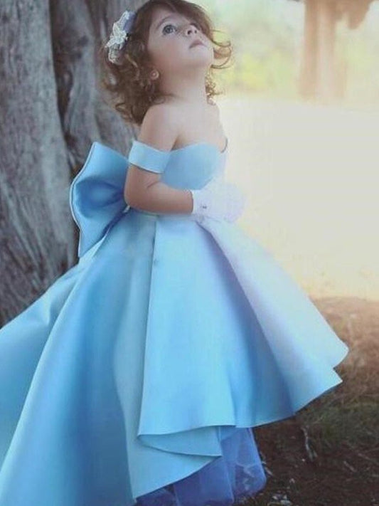 Sleeveless Off-the-Shoulder Ruffles Ball Satin Asymmetrical Gown Flower Girl Dresses