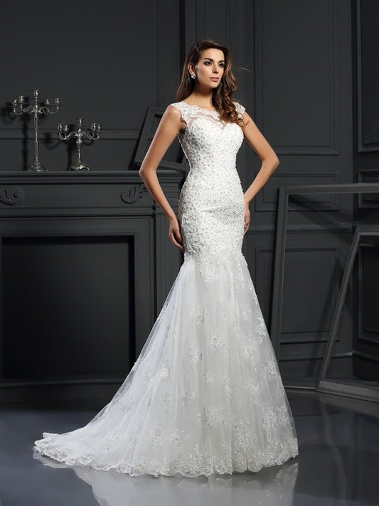 Trumpet/Mermaid Applique Short Long Sleeves Scoop Tulle Wedding Dresses