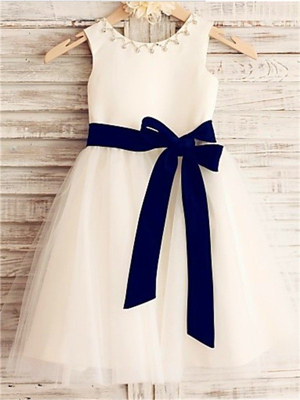 Sleeveless A-line/Princess Tea-Length Tulle Scoop Bowknot Flower Girl Dresses