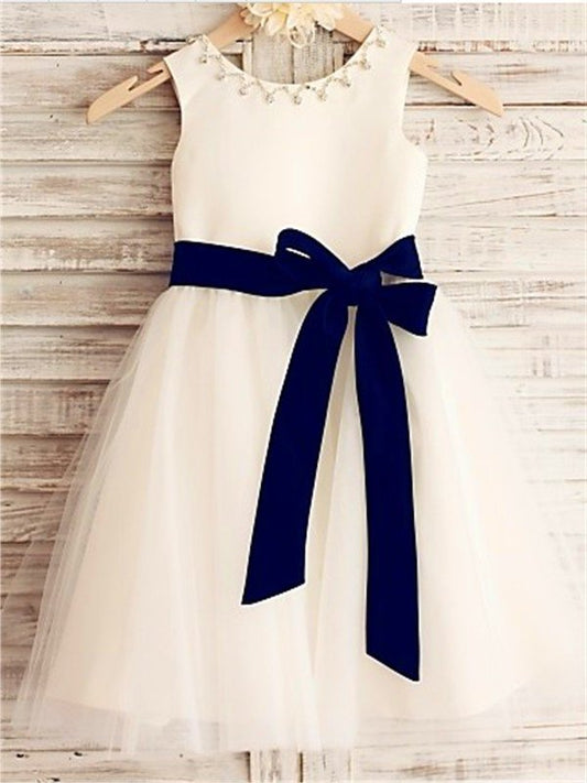 Sleeveless A-line/Princess Tea-Length Tulle Scoop Bowknot Flower Girl Dresses