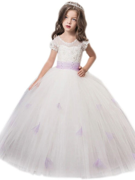 Floor-Length Short Sleeves Gown Tulle Ball Jewel Sash/Ribbon/Belt Flower Girl Dresses