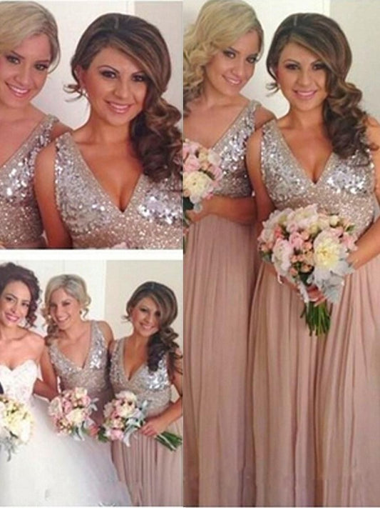 Floor-Length V-neck Sequin Sleeveless A-Line/Princess Chiffon Bridesmaid Dresses