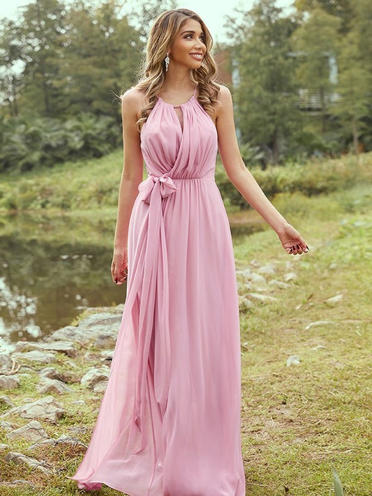 Sweep/Brush Ruffles Sleeveless A-Line/Princess Halter Chiffon Train Bridesmaid Dresses