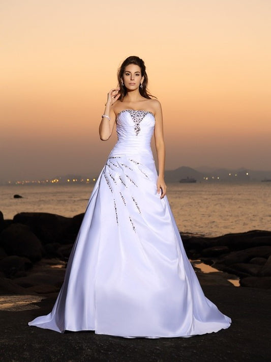 Beading Long Satin Strapless A-Line/Princess Sleeveless Beach Wedding Dresses