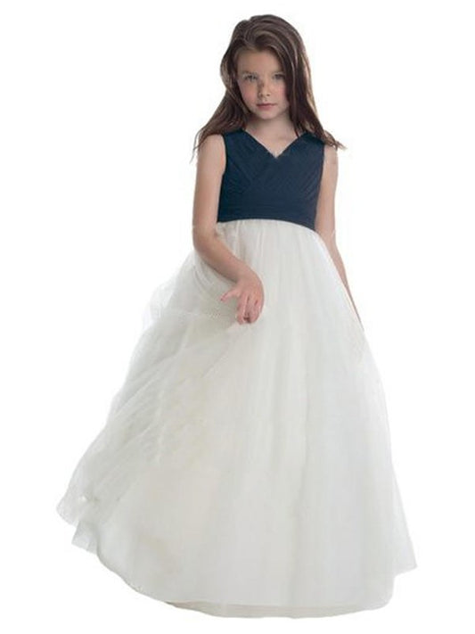 V-neck Tulle Sleeveless Ruched A-Line/Princess Floor-Length Flower Girl Dresses