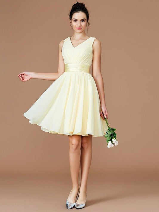 Sash/Ribbon/Belt A-Line/Princess Sleeveless V-neck Short/Mini Chiffon Bridesmaid Dresses