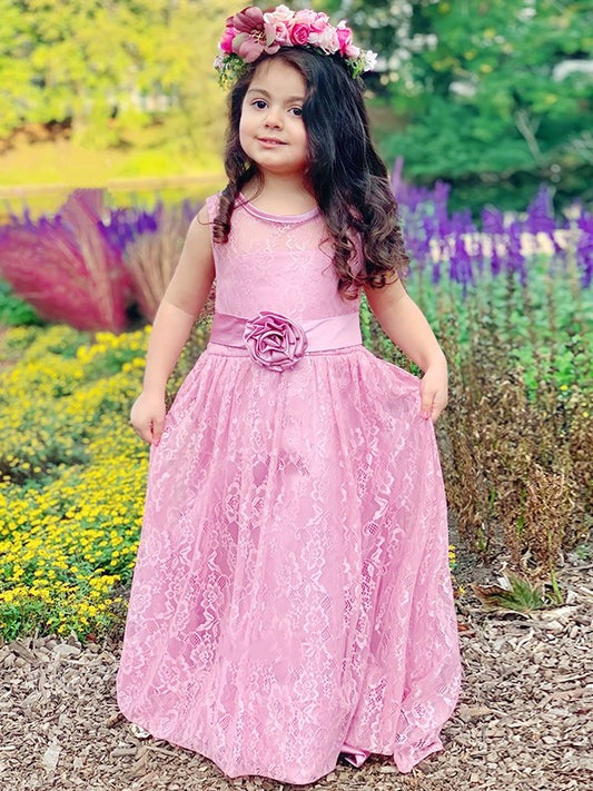 Sleeveless Lace Scoop Ankle-Length Sash/Ribbon/Belt A-Line/Princess Flower Girl Dresses