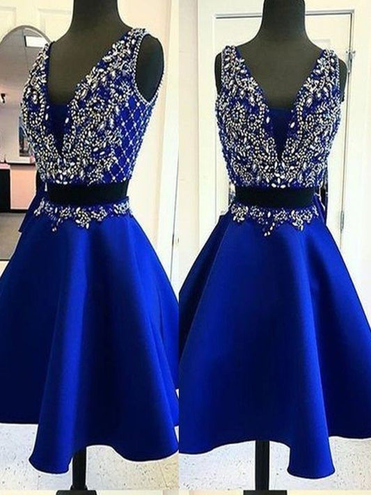 Sleeveless Beading Satin V-neck A-Line/Princess Short/Mini Two Piece Homecoming Dress