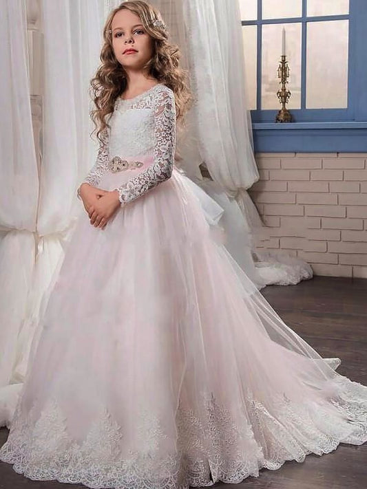 Sweep/Brush Sleeves Jewel Tulle Train Long Gown Ball Lace Flower Girl Dresses