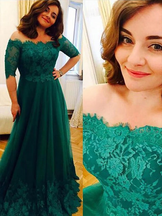 Tulle Off-the-Shoulder Sleeves Floor-Length Short Applique A-Line/Princess Plus Size Dresses