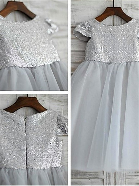 A-line/Princess Sequin Scoop Tea-Length Sleeves Short Tulle Flower Girl Dresses