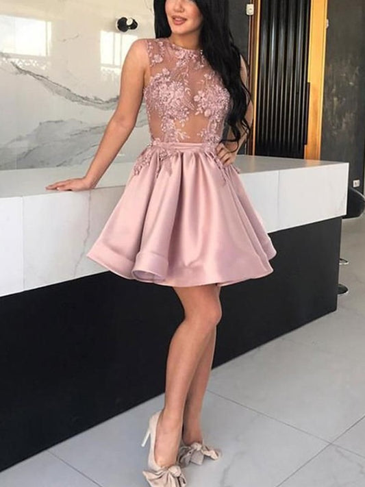 Sheer Applique A-Line/Princess Satin Sleeveless Neck Short/Mini Homecoming Dresses