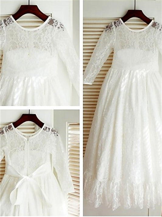 Bowknot A-line/Princess Long Scoop Ankle-Length Sleeves Lace Flower Girl Dresses