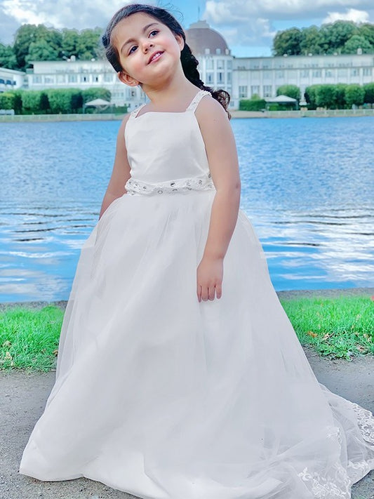 Tulle Straps Sweep/Brush A-Line/Princess Sleeveless Train Beading Spaghetti Flower Girl Dresses