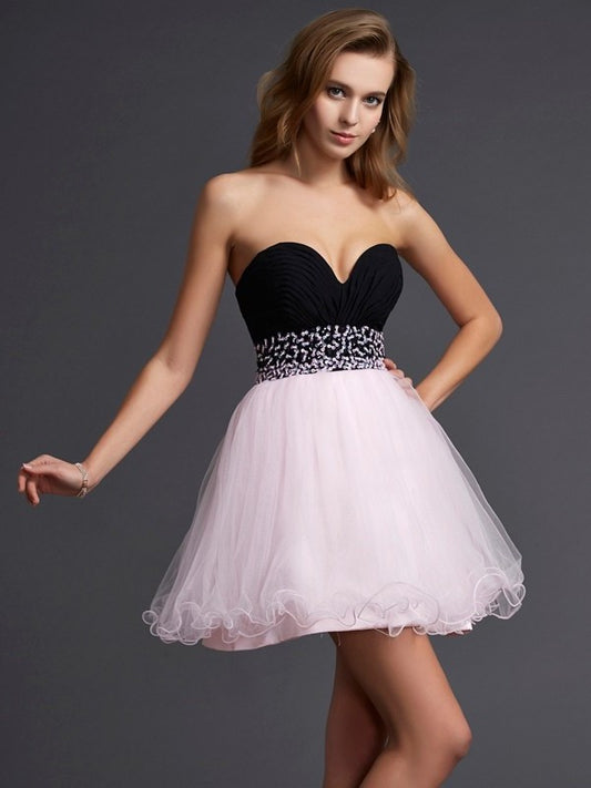 A-Line/Princess Woven Short Elastic Sweetheart Beading Sleeveless Satin Homecoming Dresses