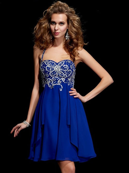 Short A-Line/Princess Halter Beading Sleeveless Chiffon Homecoming Dresses