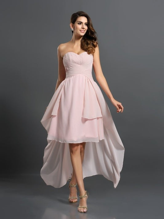 Pleats High Low Sweetheart A-Line/Princess Sleeveless Chiffon Bridesmaid Dresses