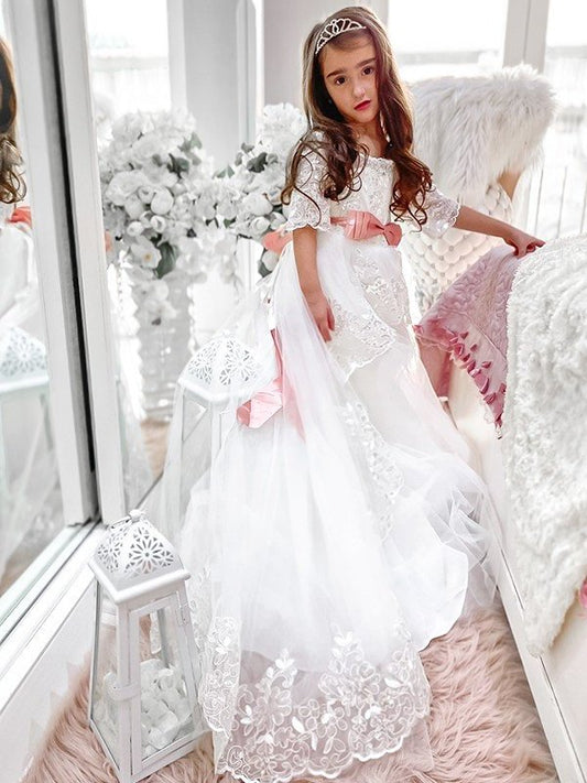 Off-the-Shoulder A-Line/Princess Sweep/Brush Train 1/2 Sleeves Sash/Ribbon/Belt Tulle Flower Girl Dresses