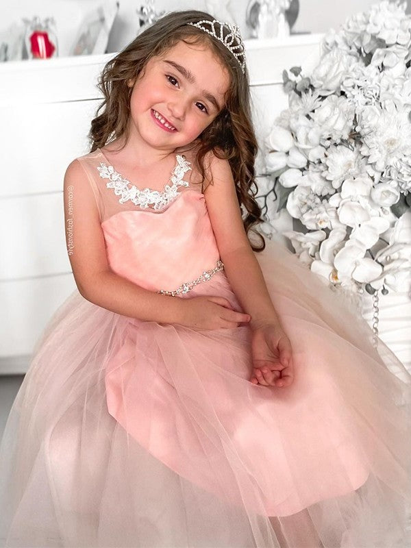 Scoop A-Line/Princess Beading Sleeveless Tea-Length Tulle Flower Girl Dresses