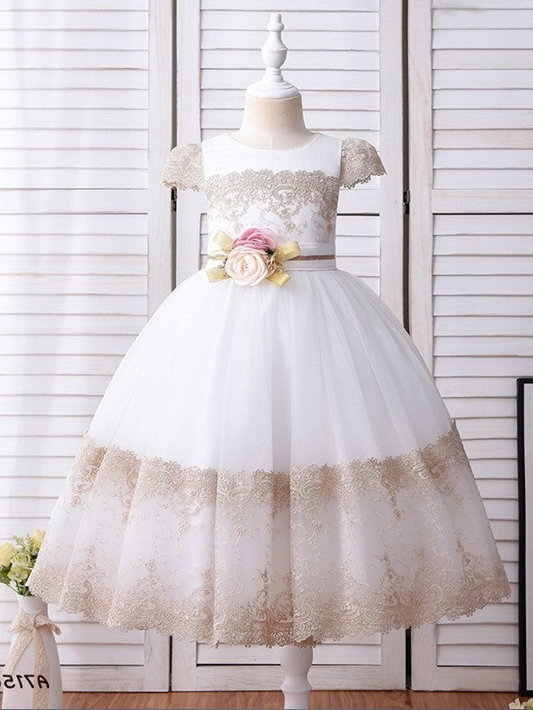 Ball Sleeves Hand-Made Ankle-Length Short Lace Scoop Gown Flower Flower Girl Dresses