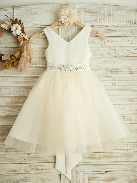 Knee-Length Tulle Sleeveless Bowknot V-neck A-Line/Princess Flower Girl Dresses