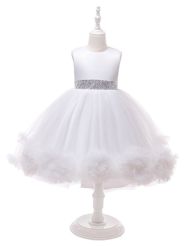 Scoop Sleeveless Tulle Ruffles Gown Ball Tea-Length Flower Girl Dresses