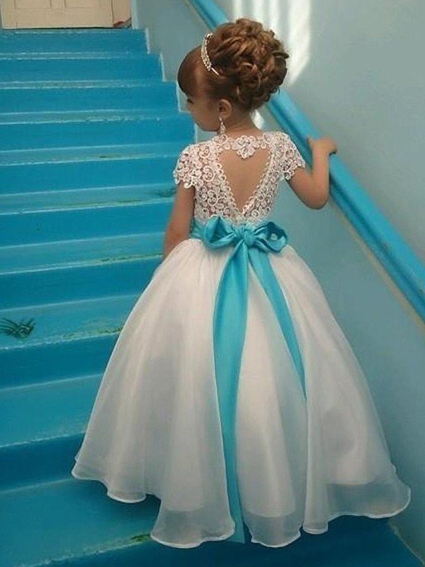 Scoop Beading Gown Ball Short Sleeves Organza Floor-Length Flower Girl Dresses