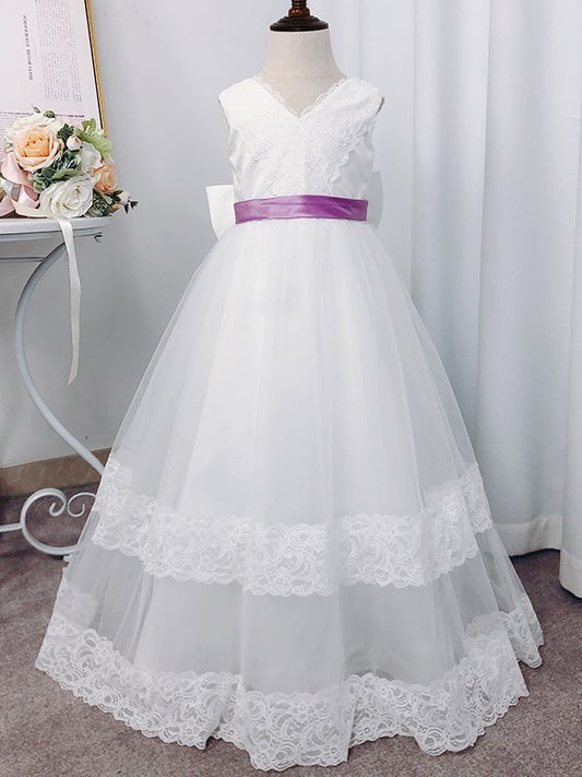 V-neck A-Line/Princess Sleeveless Floor-Length Tulle Lace Flower Girl Dresses