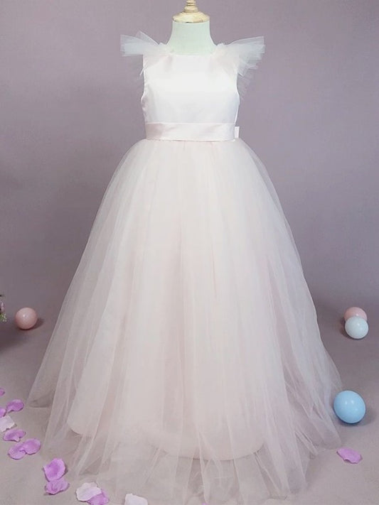 Sleeveless Bowknot Scoop A-Line/Princess Floor-Length Tulle Flower Girl Dresses