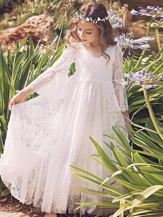 Long V-neck Sleeves Floor-Length A-Line/Princess Lace Flower Girl Dresses