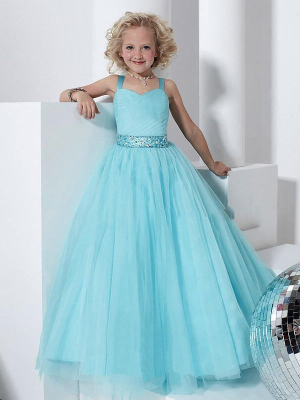 Straps Sleeveless Tulle Floor-Length Crystal Gown Ball Flower Girl Dresses