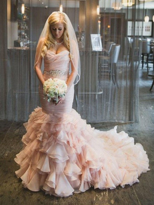 Sleeveless Trumpet/Mermaid Court Sweetheart Train Ruffles Organza Wedding Dresses