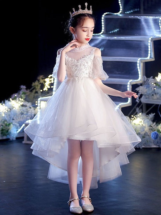 Short Applique Scoop Sleeves Asymmetrical A-Line/Princess Tulle Flower Girl Dresses