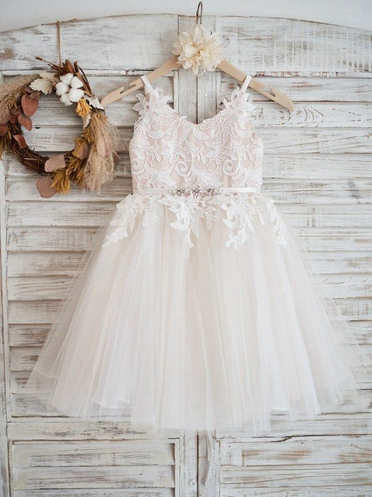 Lace V-neck Sleeveless A-Line/Princess Knee-Length Tulle Flower Girl Dresses