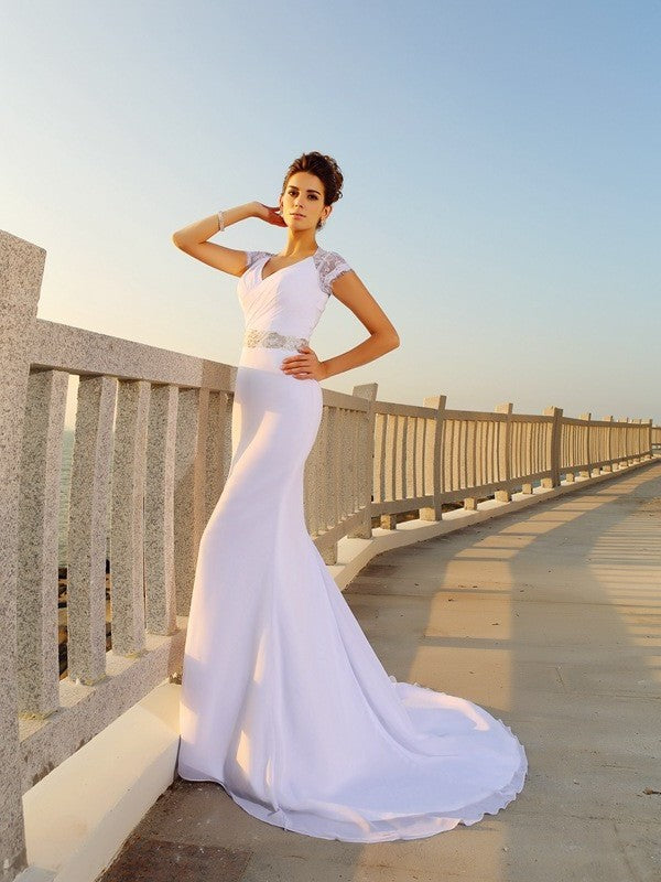 Sheath/Column Beading Sleeveless Chiffon V-neck Long Beach Wedding Dresses