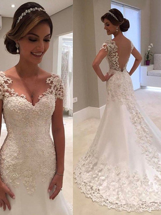 Short Sweetheart Sleeves Train Sweep/Brush Trumpet/Mermaid Lace Wedding Dresses