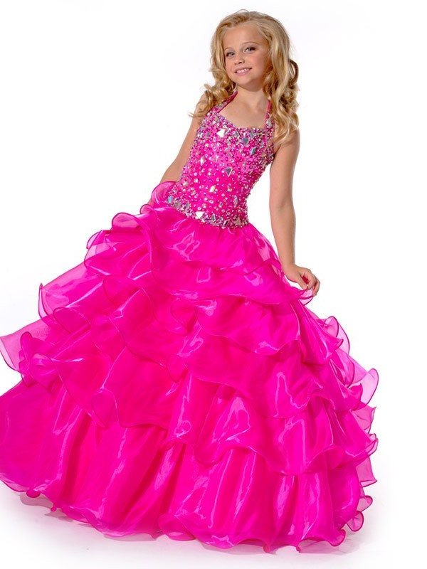 Sleeveless Gown Long Halter Organza Rhinestone Ball Flower Girl Dresses