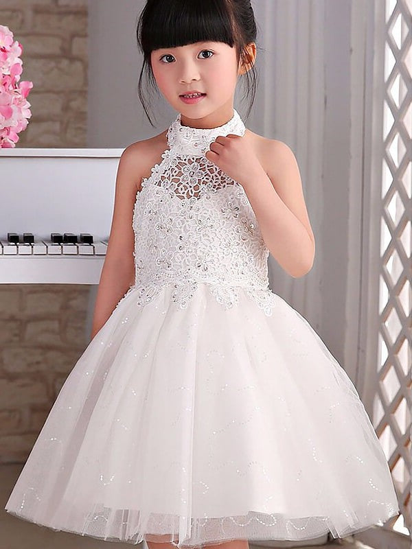 Tulle Sleeveless Knee-Length Beading Halter A-line/Princess Flower Girl Dresses