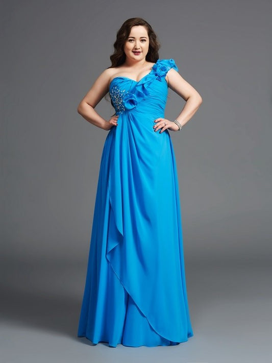 A-Line/Princess Sleeveless Rhinestone Long One-Shoulder Chiffon Plus Size Dresses