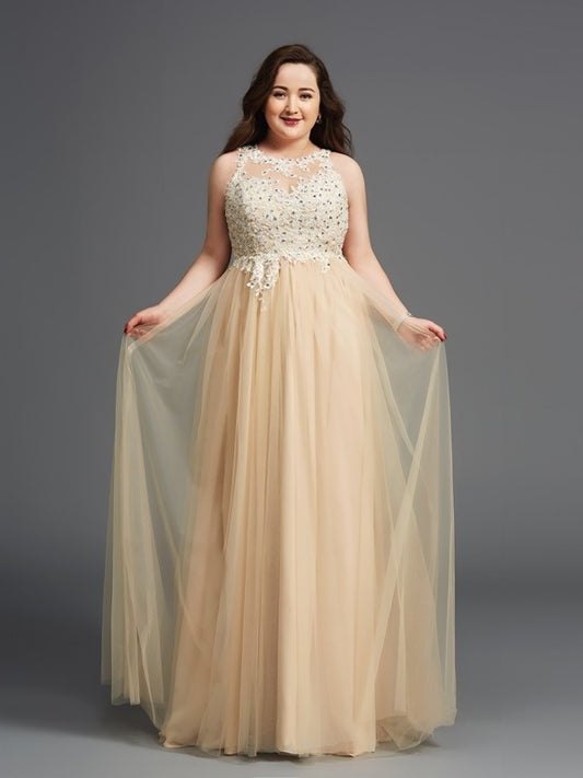 Scoop Sleeveless A-Line/Princess Net Rhinestone Long Plus Size Dresses