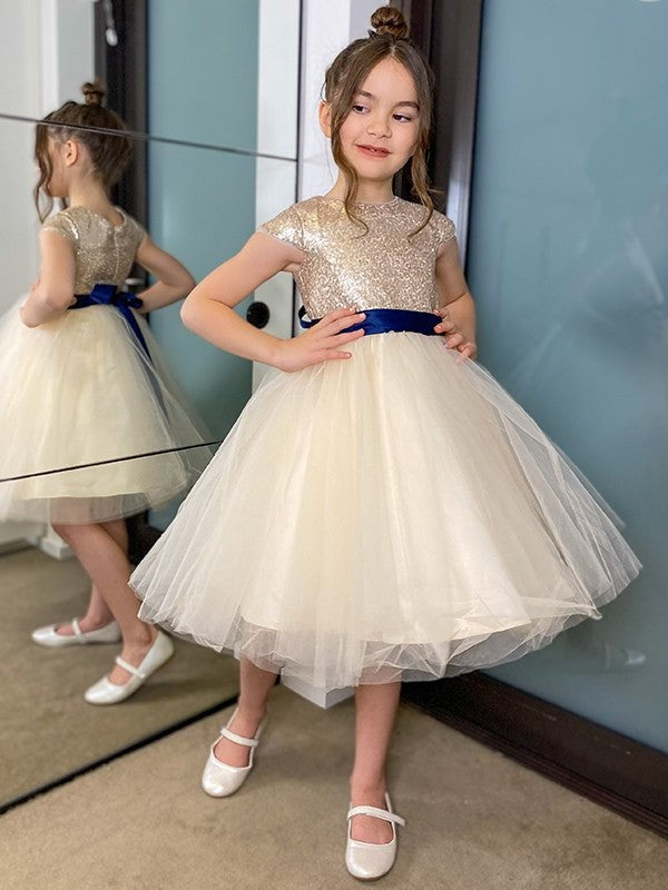 Short Sleeves Scoop Tulle Knee-Length A-Line/Princess Sash/Ribbon/Belt Flower Girl Dresses