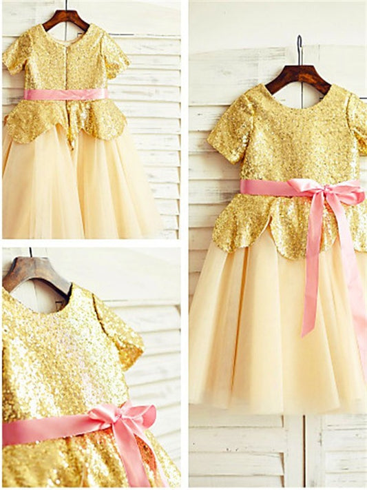 A-line/Princess Sequin Tea-Length Scoop Tulle Sleeves Short Flower Girl Dresses